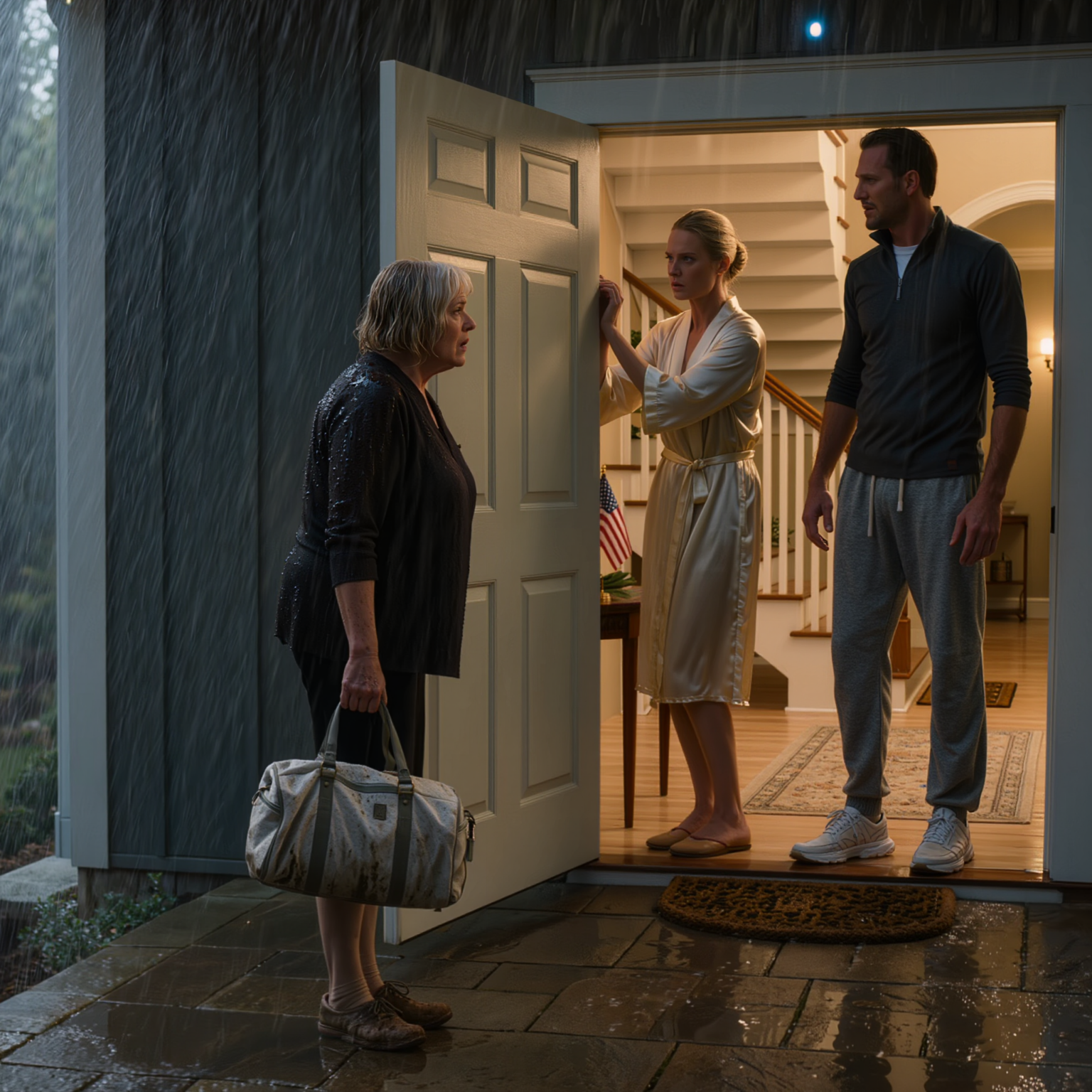Mijn huis liep onder water tijdens de storm, en ik ging doorweekt en onder de modder naar het landhuis van mijn zoon om te vragen of ik er even kon blijven, maar mijn schoondochter hield de deur tegen: “Bah, je verpest mijn witte tapijten. Ga naar een opvang.” Ze sloeg de deur in mijn gezicht dicht, ik belde de probleemjongen die ik in huis had genomen toen hij zestien was – en er verscheen een militair konvooi, alsof ze precies de verkeerde persoon hadden uitgekozen om te provoceren.