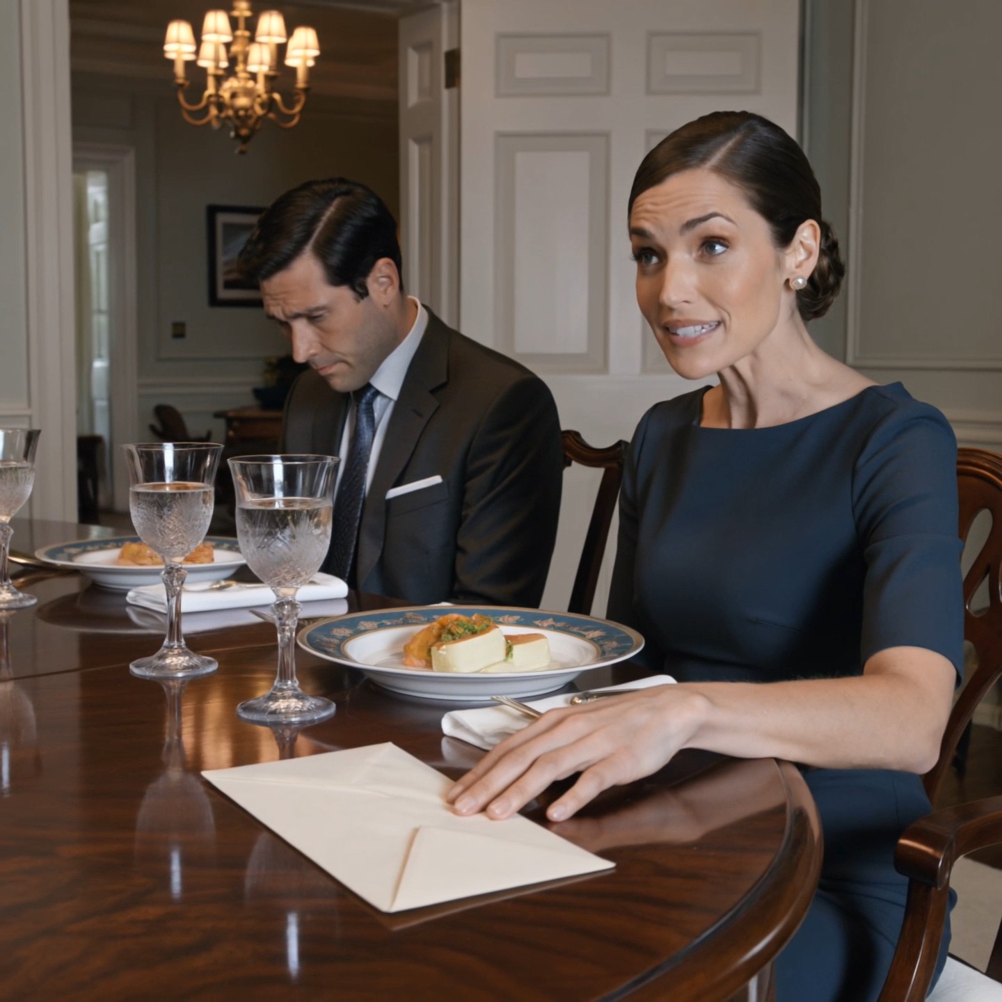 De envelop gleed over de gepolijste eikenhouten tafel en kwam zo zachtjes naast mijn bord tot stilstand dat het even bijna beleefd aanvoelde. Robert Harper hield er nog even twee vingers op, alsof hij wilde dat ik het nummer erin begreep voordat ik er zelfs maar naar keek. Tegenover hem zat Margaret onder de kroonluchter met die beheerste, clubachtige glimlach die vrouwen dragen wanneer ze al hebben besloten hoe de avond moet eindigen. Mijn man staarde naar zijn waterglas. Zachte jazzmuziek klonk vanuit de zitkamer. Kristal. Linnen. Zilverwerk met militaire precisie neergelegd. Het was zo’n diner waarbij niemand zijn stem verhief, maar elke zin klonk alsof hij klaar was voor een onderhandeling.