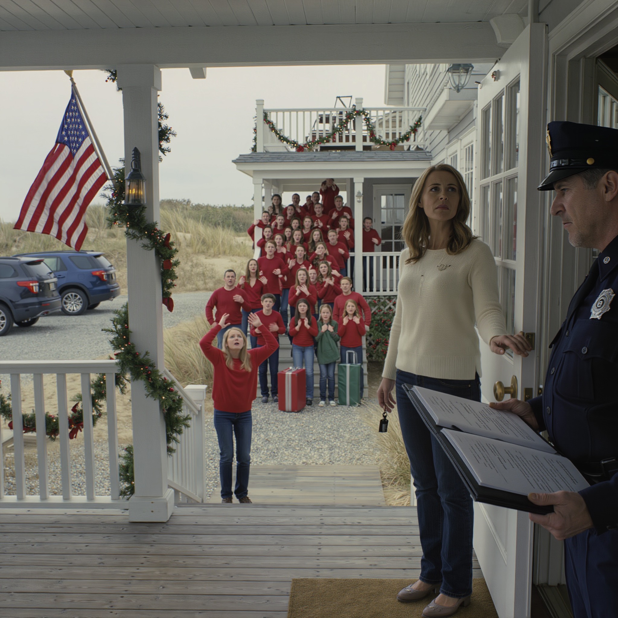 Vijftien jaar lang vertelden mijn ouders me dat Kerstmis “niet de juiste tijd” voor me was, en bracht ik elke december alleen door, kijkend naar hoe mijn hele familie feestvierde in het strandhuis van mijn oma via foto’s van anderen. Toen belde haar advocaat me in het geheim, en afgelopen Kerstmis kwamen er drieëntwintig familieleden naar datzelfde huis met koffers, bijpassende truien en een grenzeloos zelfvertrouwen… Totdat een sheriff een map opende bij mijn voordeur.
