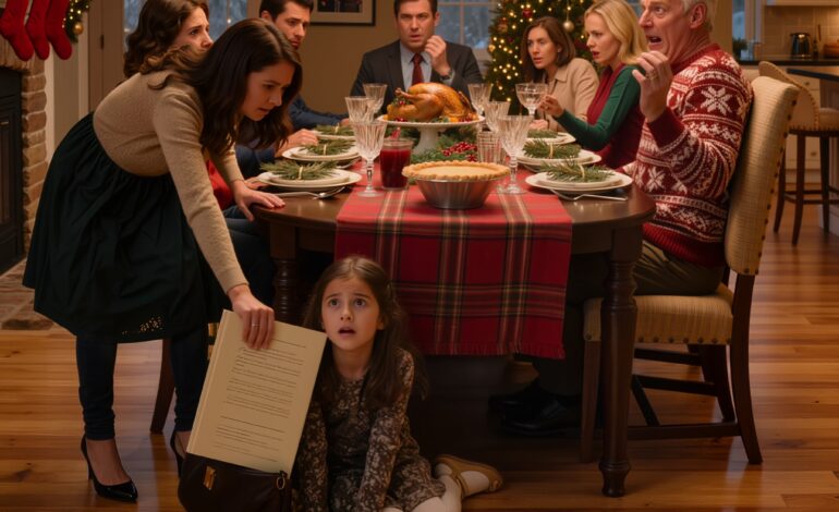 “Mijn vader duwde mijn 9-jarige dochter weg van de kersttafel en snauwde: ‘Die stoel is voor mijn echte kleinzoon’ – maar toen ik een simpele map tussen de cranberrysaus en zijn bord legde, liet mijn moeder haar wijnglas vallen, werd mijn vader lijkbleek en keken twintig familieleden die de tranen van mijn kind hadden genegeerd, alsof ze wisten dat het familieverhaal op het punt stond te ontvouwen.”