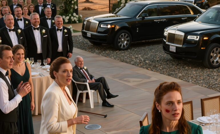 Mijn moeder probeerde zich te verschuilen achter mijn 82-jarige miljardair-grootvader, verscholen achter een stapel afval, op de bruiloft van mijn broer in Napa. Toen ik – pal voor ieders neus – vroeg waarom volslagen vreemden aan de familietafel zaten terwijl hij vastgeplakt zat aan een plastic stoel naast het afzuigventiel in de eetkamer, schoot mijn moeders hand plotseling omhoog, klonk er een harde knal, mijn gezicht gloeide… en toen rammelde het ijzeren hek toen een konvooi zwarte Rolls-Royces de oprit afreed, alsof het landgoed eindelijk had besloten te antwoorden.