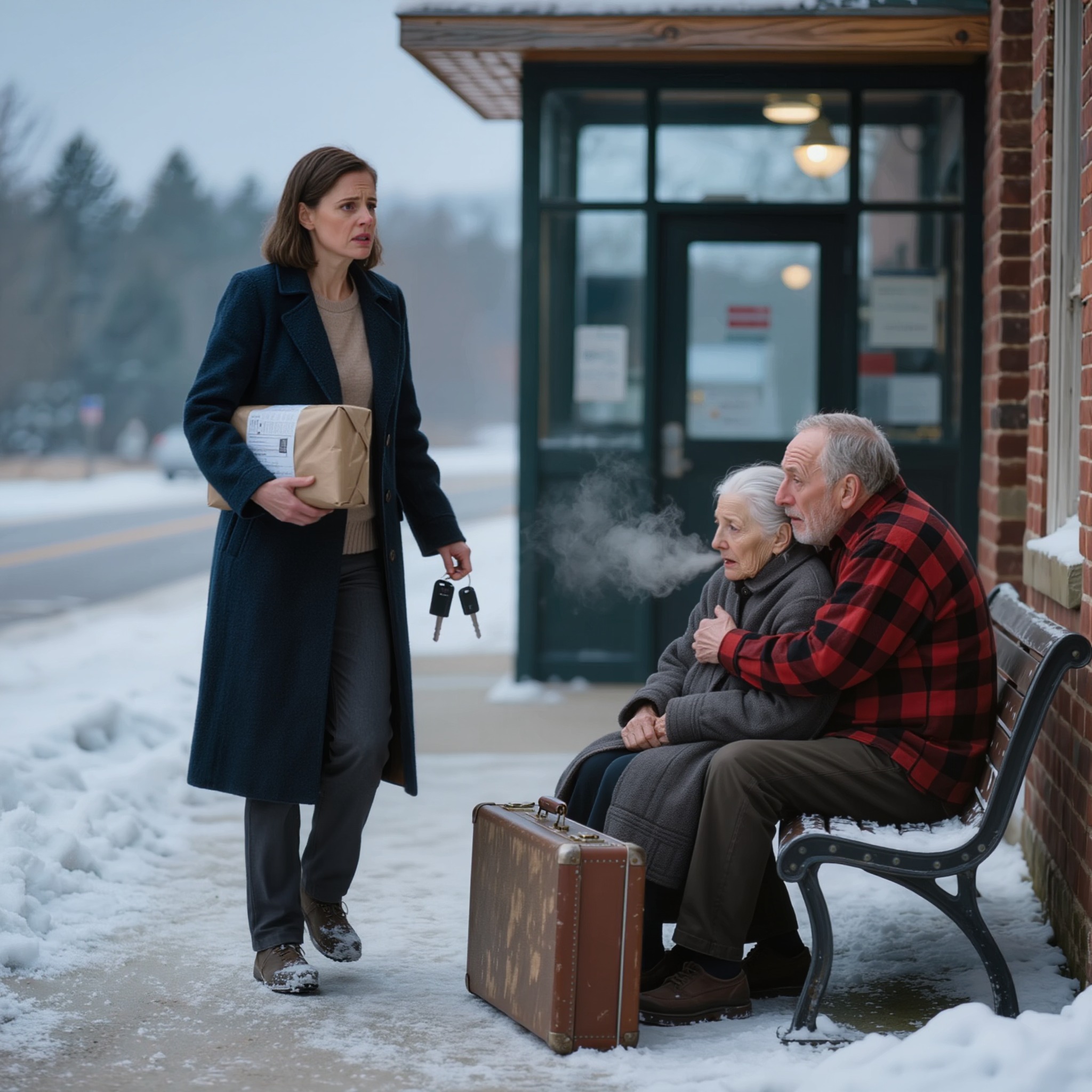Op kerstavond zag een weduwe een bejaard echtpaar op een bankje bij een busstation zitten, bevroren van de kou. Ze stonden met twee versleten koffers te wachten op hun zoon, die had beloofd: “Ik regel alles wel.” Ze nam hen mee naar huis voor één warme maaltijd, één veilige nacht en één echte kerst – zonder te beseffen dat de man die hen in de steek had gelaten, een paar dagen later voor haar deur zou verschijnen en zou eisen: “Ik ben hier voor mijn ouders.”