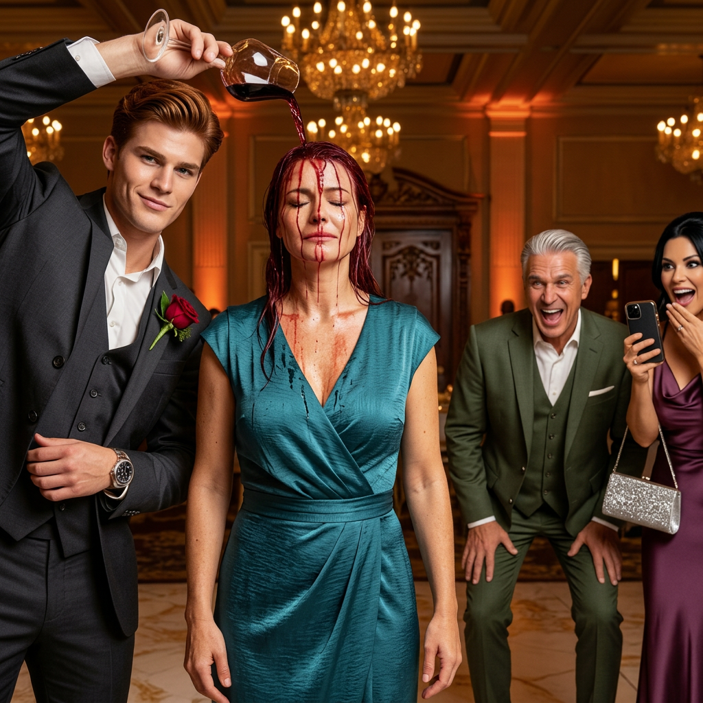 Rijke jongen goot wijn over vrouwelijke CEO