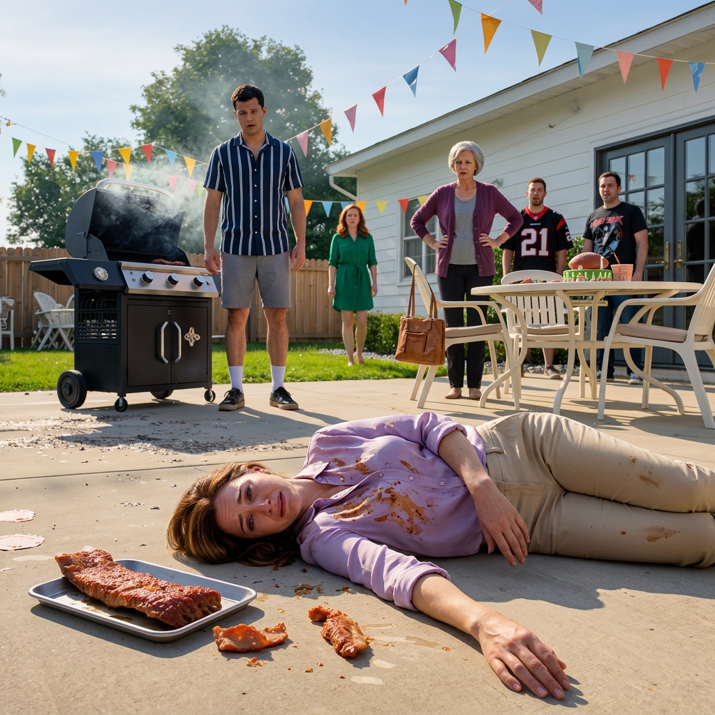 Een vrouw lag versteend op het hete beton van een buitenwijk, met gerookte borststukken rundvlees naast haar, terwijl haar man, omringd door rook van de barbecue en verjaardagsslingers, naar beneden staarde en iedereen sommeerde afstand te houden – het eerste teken dat dit voor hem geen medisch noodgeval was, maar een plan dat uit de hand liep.