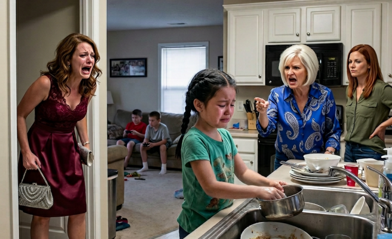 Een momentje… – Toen ik thuiskwam van de bruiloft van mijn vriendin, was mijn dochter in tranen terwijl ze de afwas aan het…