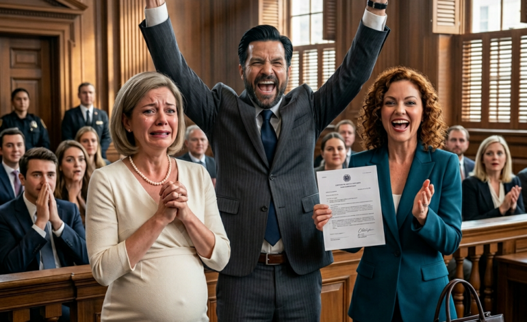 Ik was acht maanden zwanger toen mijn miljardair-echtgenoot in de rechtszaal achterover leunde, grijnsde en zei: “Je gaat met lege handen naar buiten, Allison.” Hij zag mijn zwangerschap als een teken van zwakte. Hij geloofde dat de huwelijksvoorwaarden mijn lot al hadden bezegeld. Maar toen stond mijn advocaat op en onthulde een clausule waarvan zijn hele familie had gehoopt dat ik die nooit zou ontdekken. Dat was het moment waarop zijn zelfvertrouwen brak… en alles veranderde.