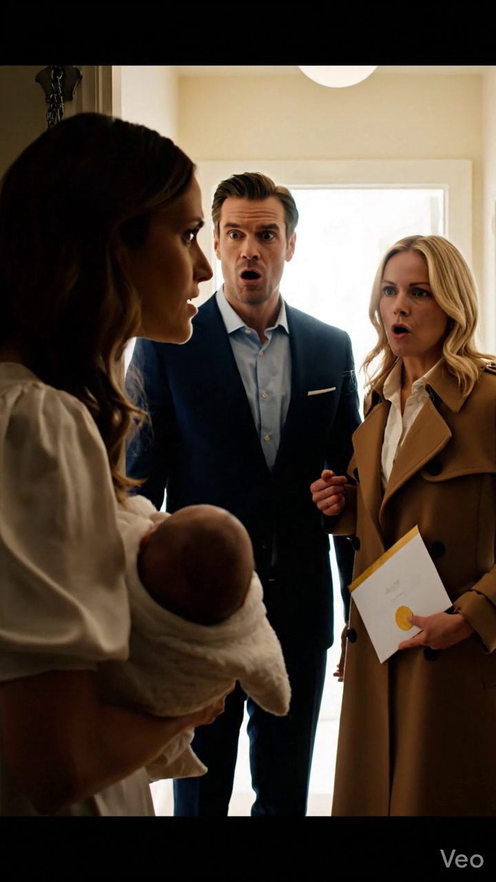 Zes maanden na onze scheiding stond mijn ex-man met zijn verloofde en hun trouwuitnodiging voor de deur. Maar zodra hij de pasgeborene in mijn armen zag, werd hij bleek en rende hij in paniek langs haar heen…