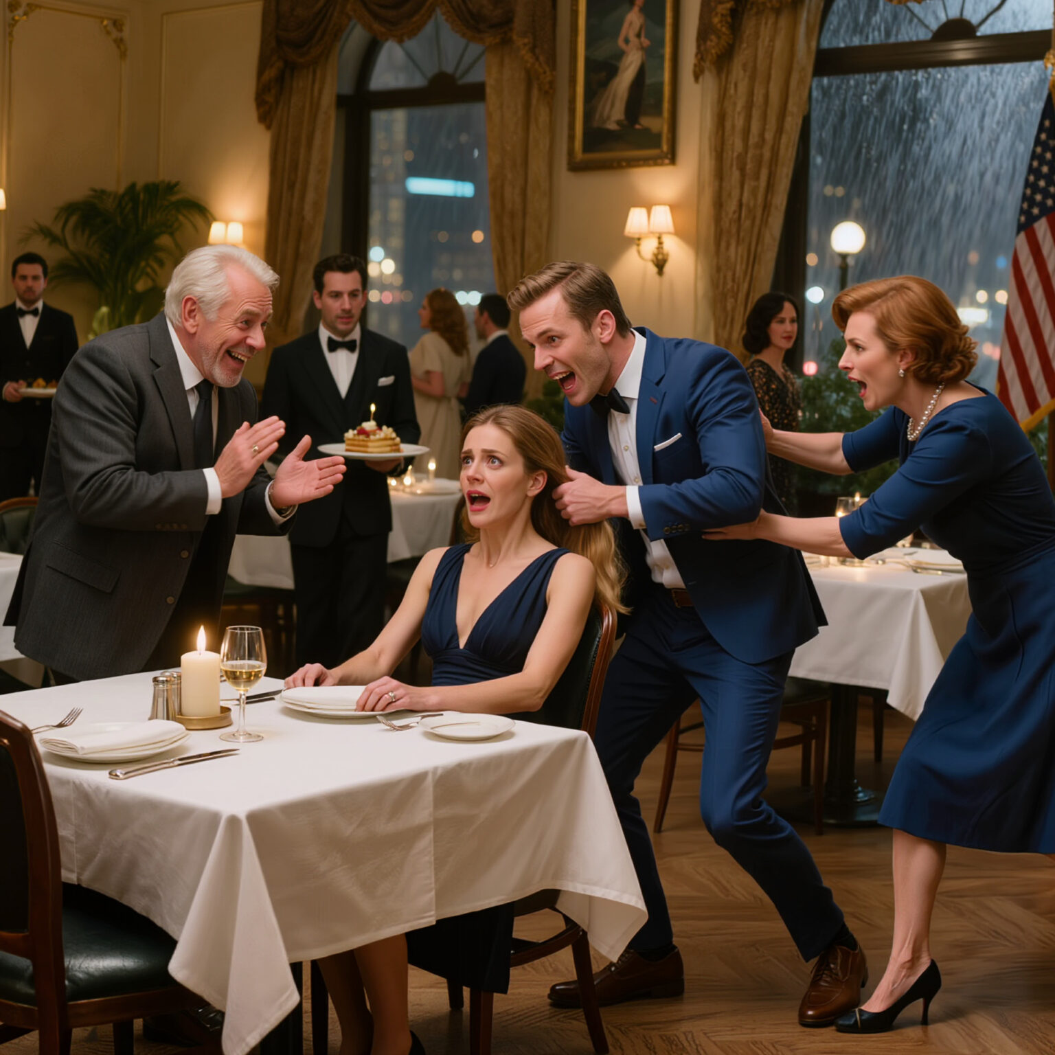 Midden in het restaurant trok mijn schoonzoon aan het haar van mijn dochter, waar iedereen bij was. Zijn vader zei zelfs: “Zo is het! Ze moet een lesje leren.” Mijn dochter barstte in tranen uit. Ik stond op – en vanaf dat moment begon alles te veranderen. Niemand durfde haar ooit nog te minachten.
