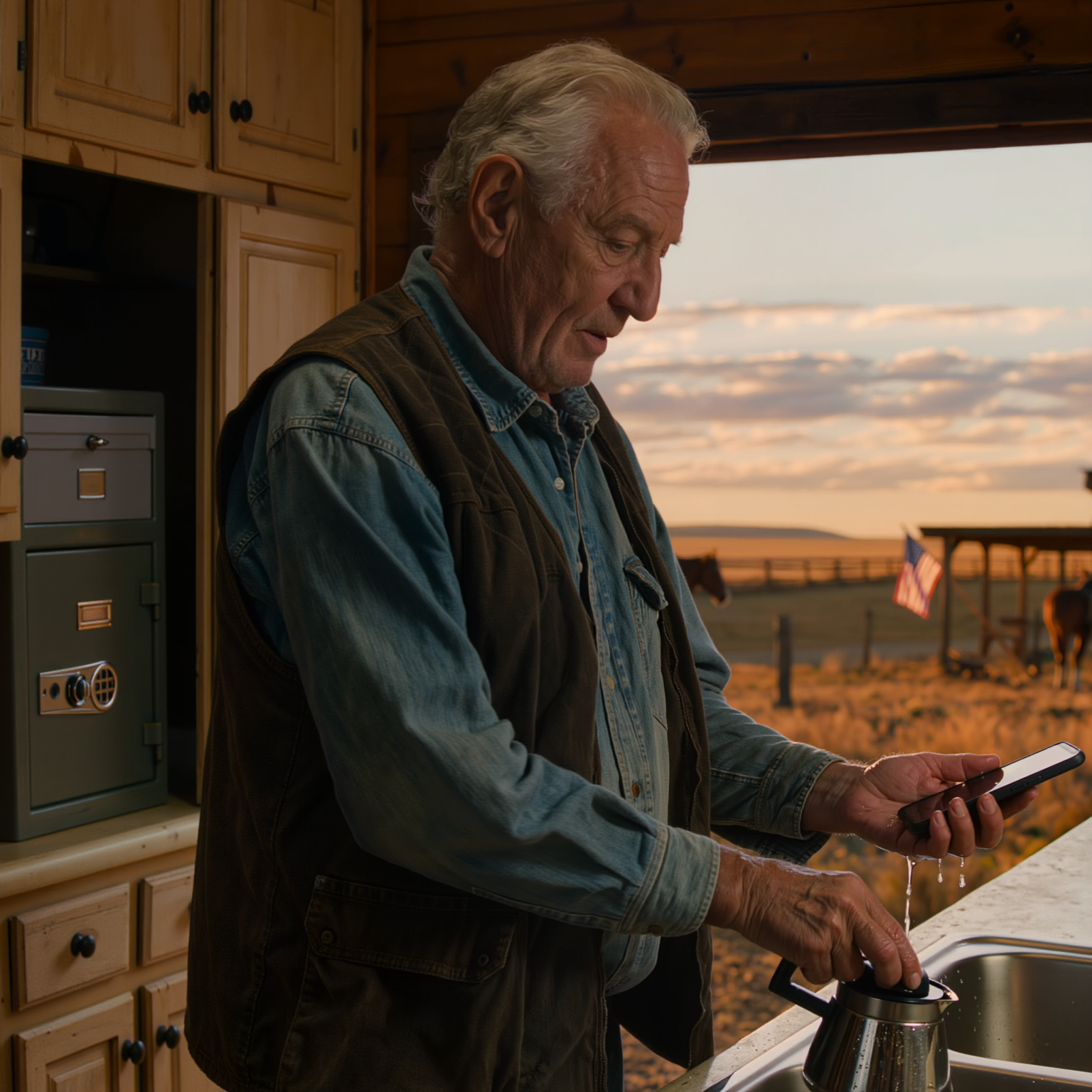 Mijn dochter lachte via de speakertelefoon: “Pap, de ranch in Montana sluit vrijdag, je hoeft alleen nog maar te tekenen.” Mijn zoon was me al aan het pushen om naar een bejaardentehuis te gaan, maar toen ik bij het keukenraam stond en naar de noordelijke weide keek en zei: “Je vergeet één ding,” werd het muisstil, want die avond was er één detail dat ze allebei dachten allang vergeten te zijn.