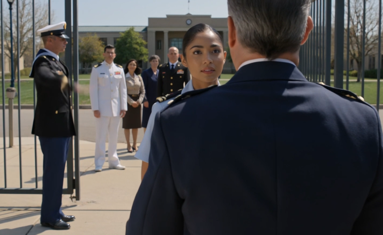 Tijdens de ceremonie van mijn broer zei de beveiliging: “Je staat niet op de lijst,” en hij grijnsde: “Ze doet alleen maar papierwerk.” Maar toen een viersterrengeneraal uit een zwarte sedan stapte, me “Admiraal Hayes” noemde en de hele marineacademie zich omdraaide om te kijken, besefte mijn familie dat de zus die ze hadden uitgewist op het punt stond alles te herschrijven.