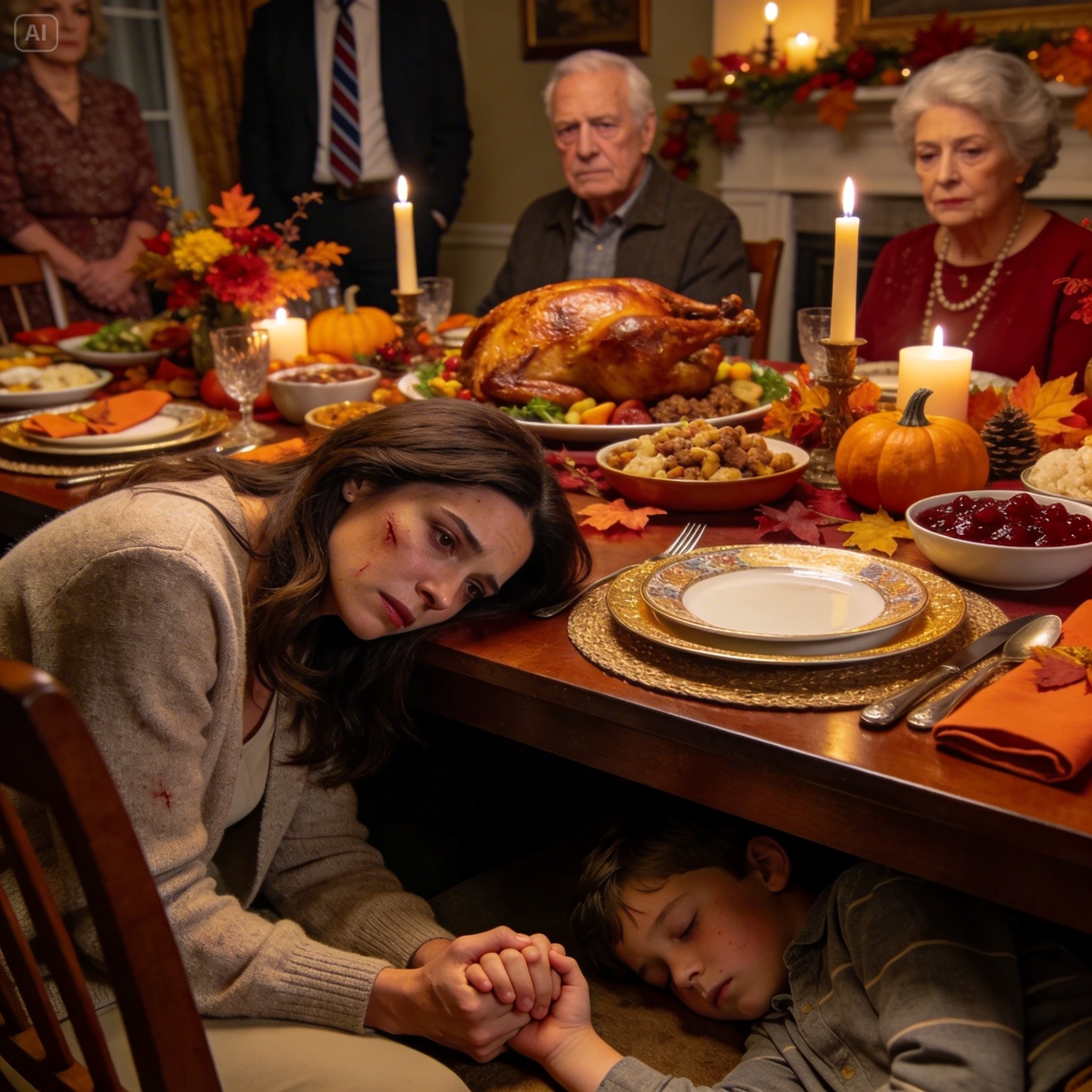 Mijn ouders hadden het Thanksgiving-diner voor het gezin klaargemaakt. Maar zodra mijn zoon en ik begonnen te eten, zakten we allebei in elkaar. Terwijl mijn zicht wazig werd en de wereld om me heen begon te vervagen, hoorde ik mijn moeder fluisteren: “Eindelijk… rust en stilte.” Mijn zus lachte en zei: “Bedankt dat jullie allebei verdwenen zijn.” Met mijn laatste krachten greep ik de hand van mijn zoon en fluisterde: “Blijf nog liggen… blijf stil.” Wat er daarna gebeurde, had niemand ooit kunnen voorspellen.