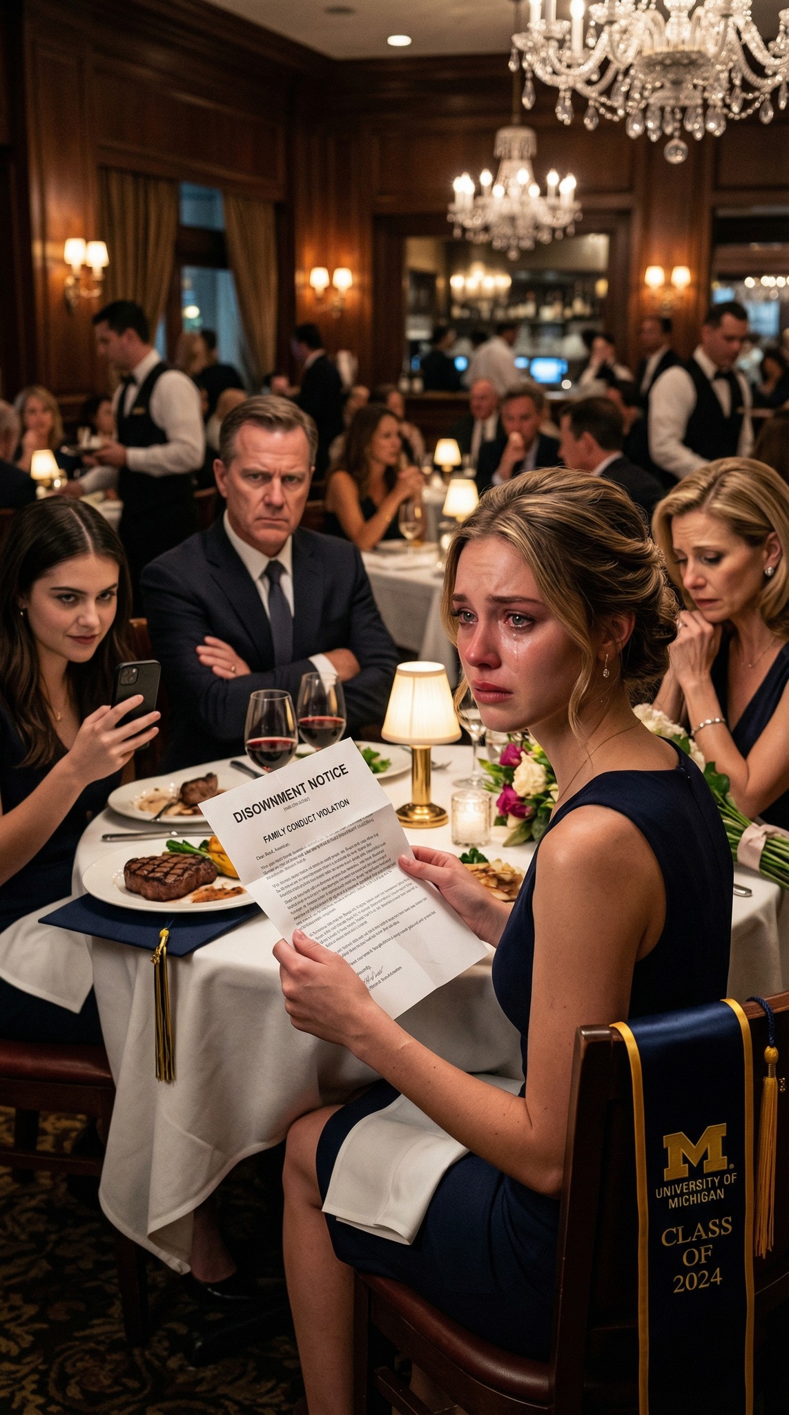 Tijdens mijn afscheidsdiner schoof mijn vader een envelop over tafel en zei: “Van ons allemaal.” Ik glimlachte, opende hem en voelde mijn hele lichaam verstijven – het was een brief waarin mijn ouders me verstoten. Mijn zus filmde me, lachend, wachtend tot ik zou instorten. In plaats daarvan keek ik op en zei: “Dank jullie wel. Dit maakt wat ik daarna deed een stuk makkelijker.” Ze dachten dat ze me kapot hadden gemaakt… maar ze hadden geen idee dat ik ze al voor was geweest. Mijn naam is Chloe Bennett, en op de avond van mijn afstuderen aan de universiteit gaven mijn ouders me een brief waarin ze me verstoten, midden in een vol restaurant.