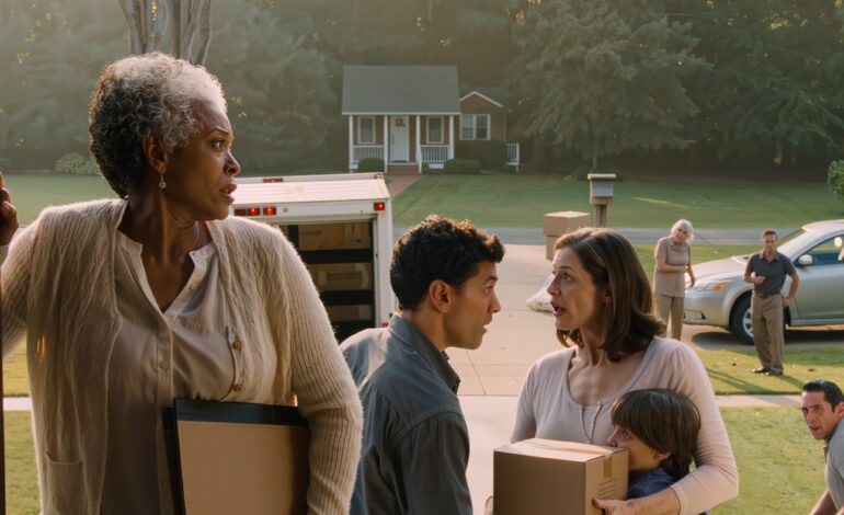 Mijn zoon kwam aanrijden met een verhuiswagen en zei: “Doe de deur open, mam – we hebben het al besloten,” maar na veertig jaar lang andermans vloeren te hebben geschrobd om dat huis te kunnen kopen, stond ik op mijn veranda, keek naar het gezin waar hij zonder toestemming wilde intrekken, en hield de enige map vast die die zelfvoldane blik van zijn gezicht kon vegen voordat er ook maar één doos mijn drempel over was gegaan.