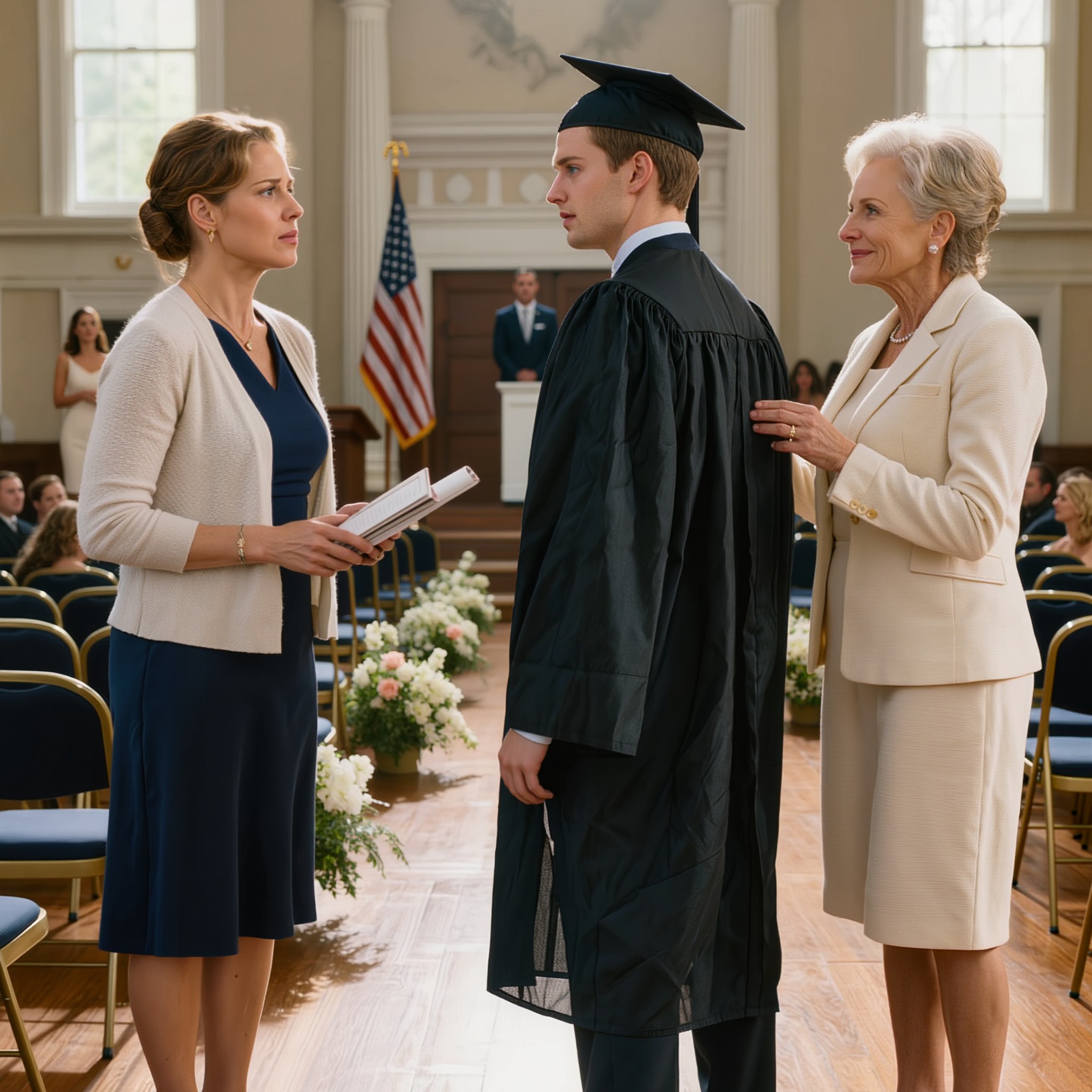 Tijdens de diploma-uitreiking koos mijn zoon zijn schoonmoeder uit om naast hem te lopen, en ik bleef stil tot de decaan het woord nam.