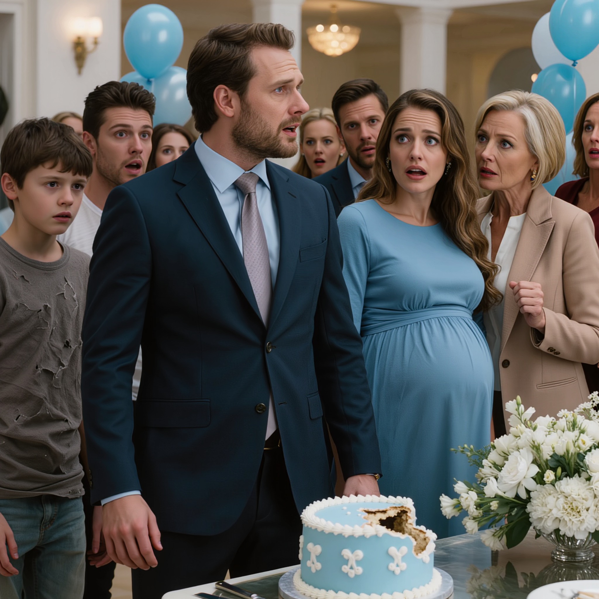 Mijn broer hief het taartmes op tijdens onze babyshower en schreeuwde: “Je hebt mijn leven verpest!”, maar wat me echt brak, was niet de verpeste taart – het was het zien hoe mijn zwangere vrouw hem beschermde terwijl mijn moeder mijn armen achter mijn rug vastklemde, en het besef dat de echte aanval al lang voor die balzaal was begonnen, met een nepdagboek, een manilla-envelop en een plan om alles van me af te pakken.