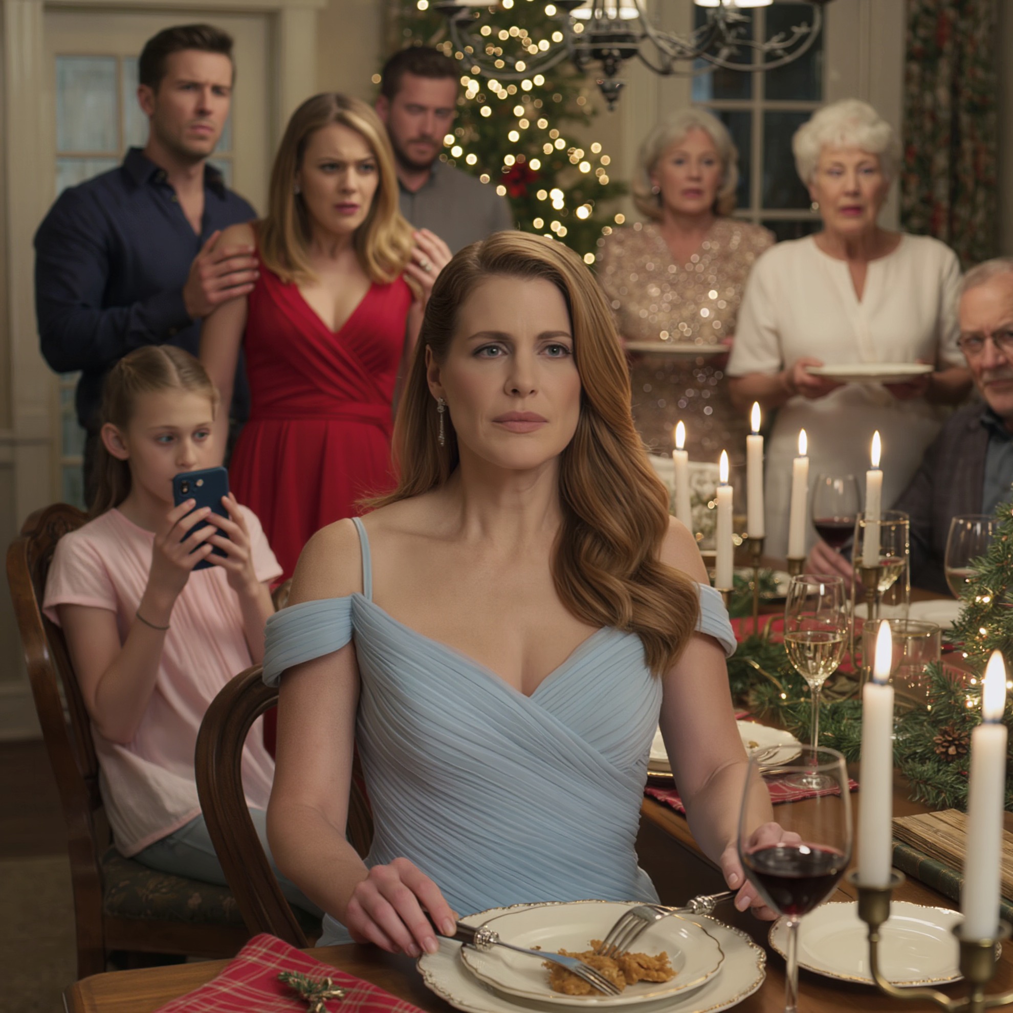 Tijdens het kerstdiner schreeuwde mijn zus voor ieders neus: “Ze houden meer van mij. Dat zullen ze altijd blijven doen. Jij was nooit genoeg.” Ik legde mijn vork neer en zei niets. Toen pakte mijn 9-jarige dochter de telefoon. “Ik zag je bericht, tante Carol,” zei ze. “Zal ik het hardop voorlezen?”