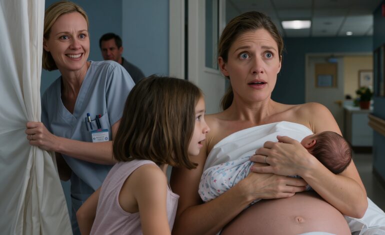 Mijn dochter trok de gordijnen van het ziekenhuis dicht en fluisterde: “Mam, kruip nu onder het bed,” en een minuut later, vanuit de duisternis onder mijn kraambed met mijn pasgeboren baby in mijn armen, hoorde ik mijn man antwoorden aan dezelfde verpleegster die me pillen had gegeven waar ik nooit om had gevraagd, en plotseling voelde de wonderbaarlijke geboorte waar ik zeven jaar voor had gebeden niet langer als de gelukkigste dag van mijn leven.