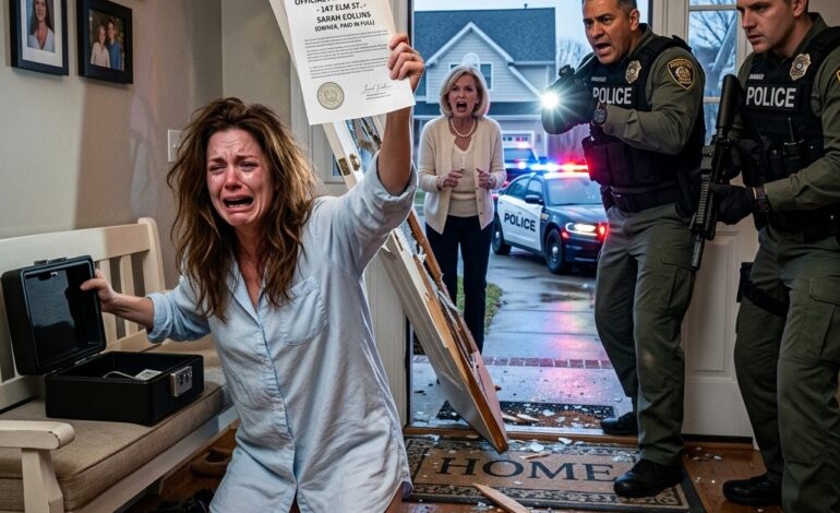 Ik werd wakker doordat gewapende politieagenten mijn voordeur openbraken, terwijl mijn moeder en broer buiten stonden alsof ze al gewonnen hadden. Net toen ze me in mijn eigen huis wilden boeien, haalde ik het enige tevoorschijn dat hun hele leugen ontmaskerde.