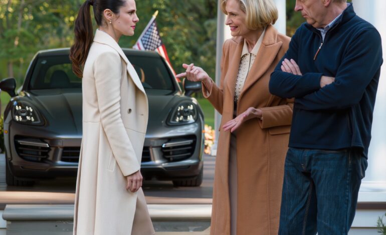 Mijn ouders waren niet op mijn bruiloft. Drie jaar later bracht één foto van mijn rode Porsche van $135.000 hen weer bij elkaar. Mijn moeder belde: “We moeten praten. Morgen is er een familiebijeenkomst.” Ik kwam binnen met iets veel belangrijkers dan een cheque.