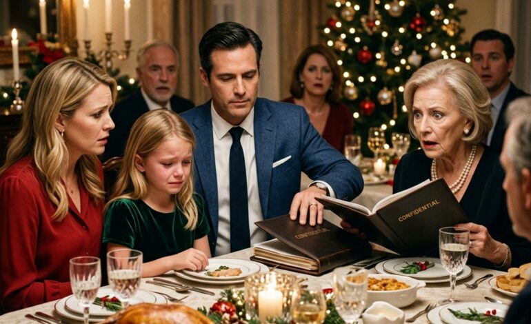 Tijdens het kerstdiner hield mijn schoonmoeder een toast en zei: “Ik ben trots op al mijn kleinkinderen, behalve op één,” terwijl ze naar mijn 9-jarige wees. Er klonk gelach aan tafel. Mijn dochter pinkte een traantje weg, maar mijn man bleef kalm. Zonder iets te zeggen, legde hij een dikke map voor haar neer. Eerst grinnikte ze, totdat ze de map opende. Toen werd haar gezicht helemaal bleek. En toen hij de nummers hardop begon voor te lezen, was het kerstfeest voorbij.