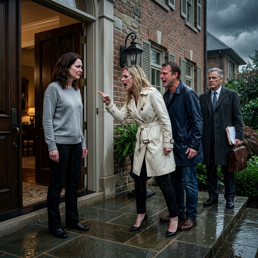 De nieuwe vrouw van mijn ex-man kwam met een hebzuchtige grijns aan mijn deur, beweerde dat ze er waren voor haar ‘rechtmatige deel’ van de erfenis van mijn vader en zei dat ik moest vertrekken – maar ze had geen idee wie er achter haar aan zou komen.