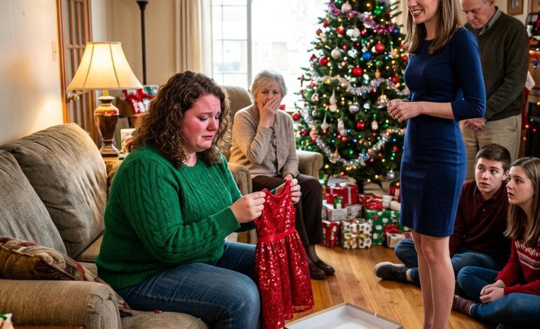Met Kerstmis gaf mijn zus me haar oude kleren voor de ogen van de hele familie. Zij heeft maat 34, ik maat 40. Met een lieve glimlach zei ze: “Motivatie voor het nieuwe jaar”… en het werd muisstil in de kamer. Op kerstochtend gaf mijn zus me een grote zilveren doos, vastgebonden met een rood lint.