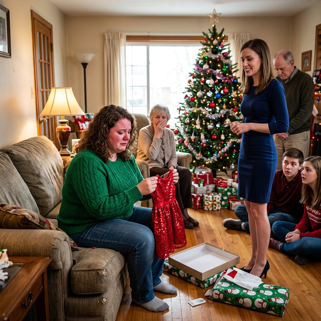 Met Kerstmis gaf mijn zus me haar oude kleren voor de ogen van de hele familie. Zij heeft maat 34, ik maat 40. Met een lieve glimlach zei ze: “Motivatie voor het nieuwe jaar”… en het werd muisstil in de kamer. Op kerstochtend gaf mijn zus me een grote zilveren doos, vastgebonden met een rood lint.