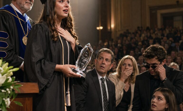 Tijdens mijn diploma-uitreiking fluisterde mijn vader: “Eindelijk zijn we klaar met het verspillen van geld aan deze mislukking.” Toen riep de decaan mijn naam, hief een kristallen trofee omhoog in het licht en onthulde het enige geheim dat ik zes maanden lang voor mijn familie verborgen had gehouden – het geheim waardoor mijn verwende broer zijn zonnebril afzette en mijn moeder vergat hoe ze moest ademen.