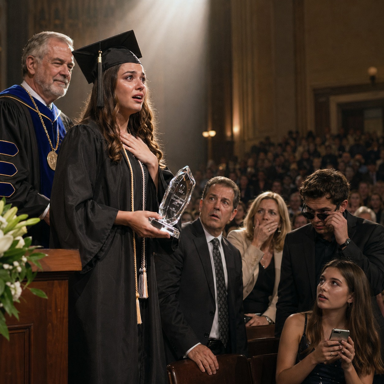 Tijdens mijn diploma-uitreiking fluisterde mijn vader: “Eindelijk zijn we klaar met het verspillen van geld aan deze mislukking.” Toen riep de decaan mijn naam, hief een kristallen trofee omhoog in het licht en onthulde het enige geheim dat ik zes maanden lang voor mijn familie verborgen had gehouden – het geheim waardoor mijn verwende broer zijn zonnebril afzette en mijn moeder vergat hoe ze moest ademen.