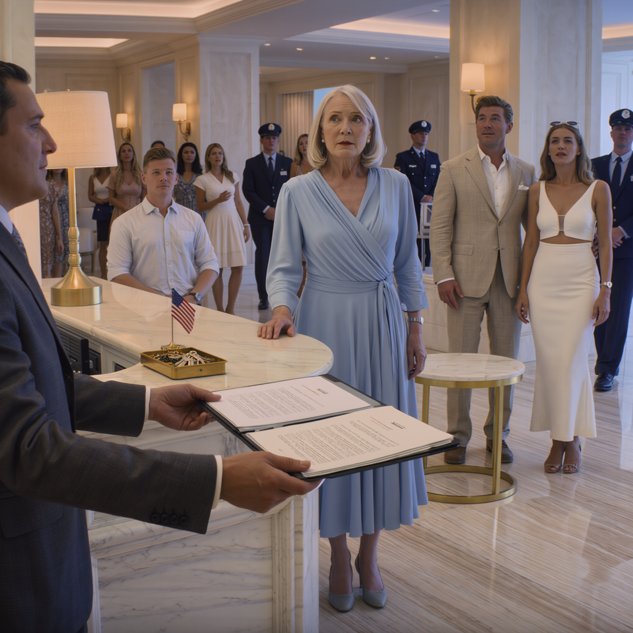 Tijdens een familievakantie in een strandhotel schreeuwde mijn schoondochter tegen de receptioniste: ‘Praat niet tegen die oude dame, ze is maar een kamermeisje!’, terwijl mijn zoon naast hem lachte, zonder te beseffen dat ik de stille eigenaar van het hele hotel was. Mijn volgende actie verbijsterde hem… en het bazige meisje was al evenzeer verbijsterd.