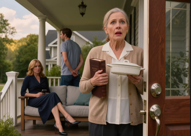 ‘We dachten dat je langer weg zou blijven,’ zei mijn schoondochter nadat ze de sloten van het huis waar ik 31 jaar had gewoond had vervangen terwijl ik in de kerk was. Mijn zoon stond erachter als een vreemde – maar toen ze eisten dat ik mijn huis zou overdragen, haar schuld zou aflossen en stilletjes in de logeerkamer zou trekken, vergaten ze dat mijn man me een verzegelde envelop had achtergelaten voor de dag dat alles mis zou gaan.