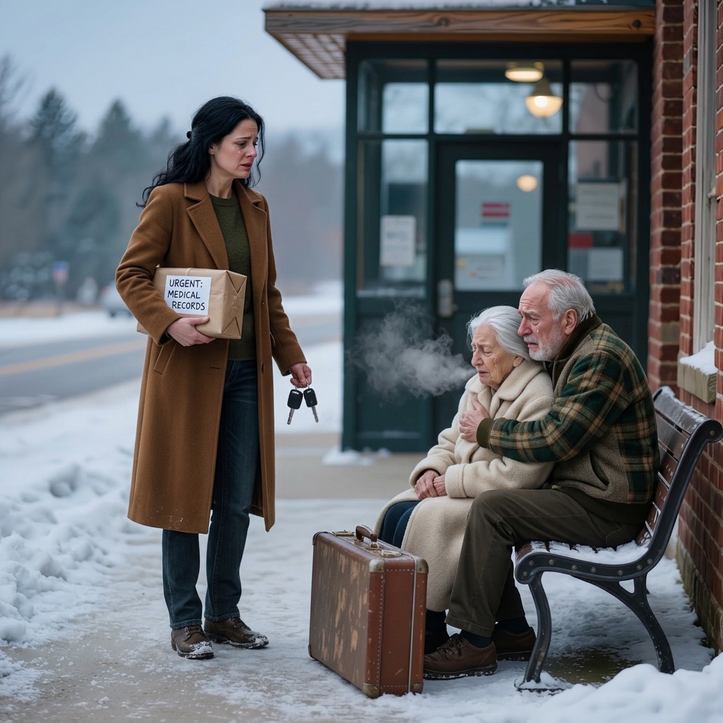 Op kerstavond zag een weduwe een bejaard echtpaar rillend van de kou op een bankje bij een busstation zitten. Ze hadden twee versleten koffers vastgeklemd en wachtten op hun zoon, die had beloofd: “Ik regel alles wel.” Ze nam hen mee naar huis voor één warme maaltijd, één veilige nacht en één echte kerst – zonder te beseffen dat de man die hen in de steek had gelaten, een paar dagen later voor haar deur zou verschijnen en zou eisen: “Ik ben hier voor mijn ouders.”