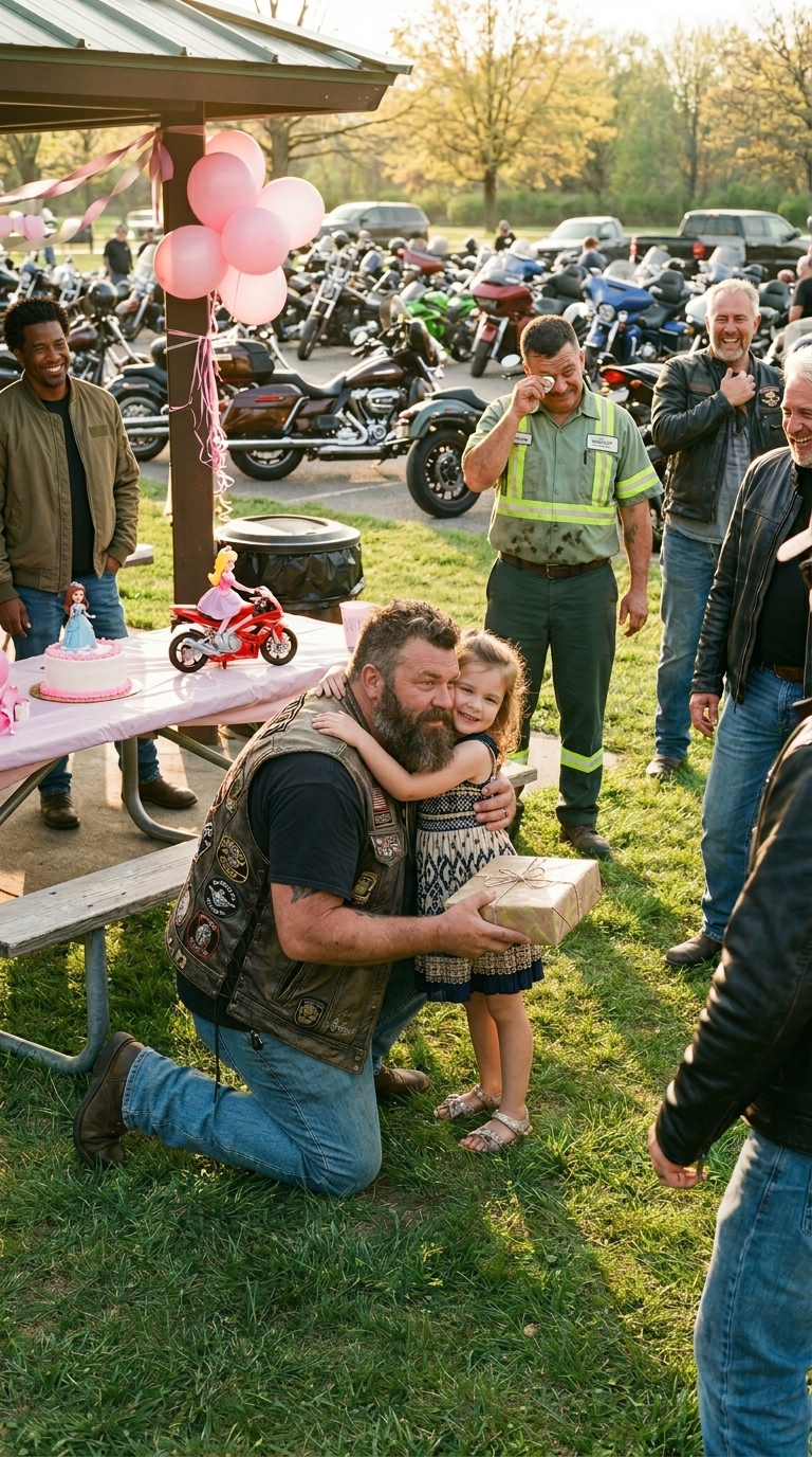 Een vuilnisman had maandenlang gespaard om de verjaardag van zijn dochter in een prachtig park te vieren, maar toen er vanwege zijn werk geen klasgenoten kwamen, sprong een onverwachte fietsgemeenschap bij en veranderde de dag op een manier die geen enkele ouder van een schoolkind had verwacht.