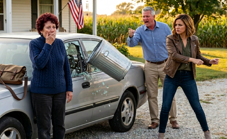I Sold My Farm After 45 Years of Corn and Cattle, My Son Heard “$850,000” and Came Straight Into My Kitchen Asking for His Share Like It Was Already His, I Said No, His Wife Put a Trash Can Through My Car Window in the Driveway — And 20 Minutes Later, What Stopped at My Gate Left Them Both Speechless