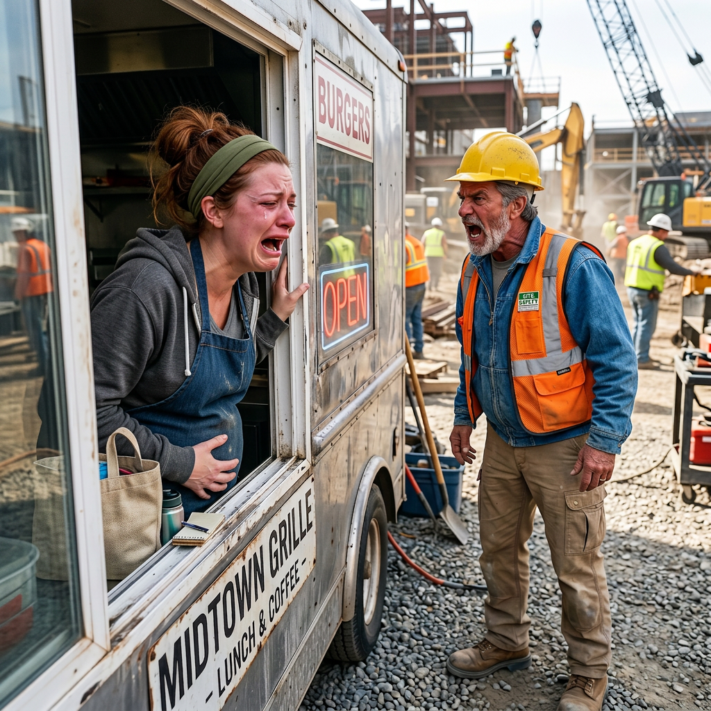At a construction site, I stepped up to order coffee and suddenly recognized the food truck worker—eight months pregnant, trembling, and somehow my daughter-in-law. Through tears, she begged me not to tell him she was there. What she whispered next changed everything and left me standing there in stunned silence.