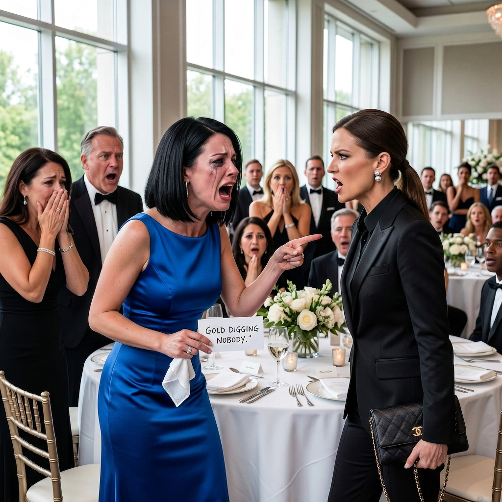 At my husband’s corporate gala, I found a place card waiting for me with two brutal words: “Gold digging nobody.” His boss laughed, her colleagues joined in, and everyone expected me to break in front of them. I didn’t. I simply walked away, and that silent decision changed everything that followed.