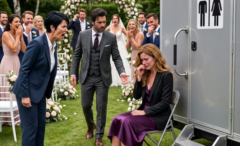 My seat at my brother’s wedding was outside, right next to the restroom, and Mom’s cruel smile told me it was no mistake. Everyone laughed when she mocked me. Then a billionaire arrived, silently took my hand, and walked me out. Ten minutes later, something made them all turn pale.