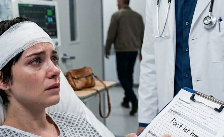“I’m telling the doctor you slipped and hit your head. Understand?” my husband whispered beside my hospital bed. I nodded—until he leaned closer and hissed, “Tell the truth, and you’ll never see the kids again.” Minutes later, my doctor walked in… and I realized he was my old college friend. With shaking hands, I grabbed his pen and wrote three desperate words. The moment he read them, his face went white. What happened next changed everything.
