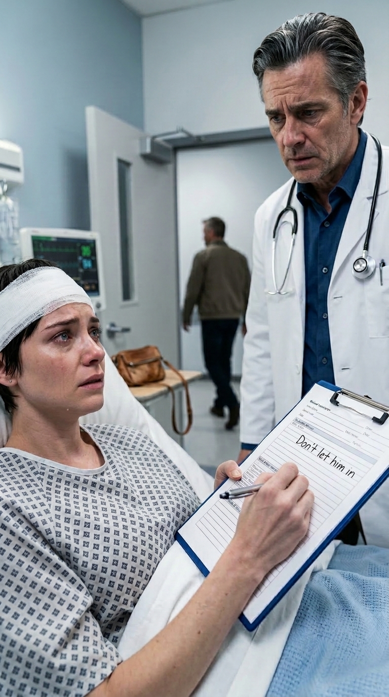 “I’m telling the doctor you slipped and hit your head. Understand?” my husband whispered beside my hospital bed. I nodded—until he leaned closer and hissed, “Tell the truth, and you’ll never see the kids again.” Minutes later, my doctor walked in… and I realized he was my old college friend. With shaking hands, I grabbed his pen and wrote three desperate words. The moment he read them, his face went white. What happened next changed everything.