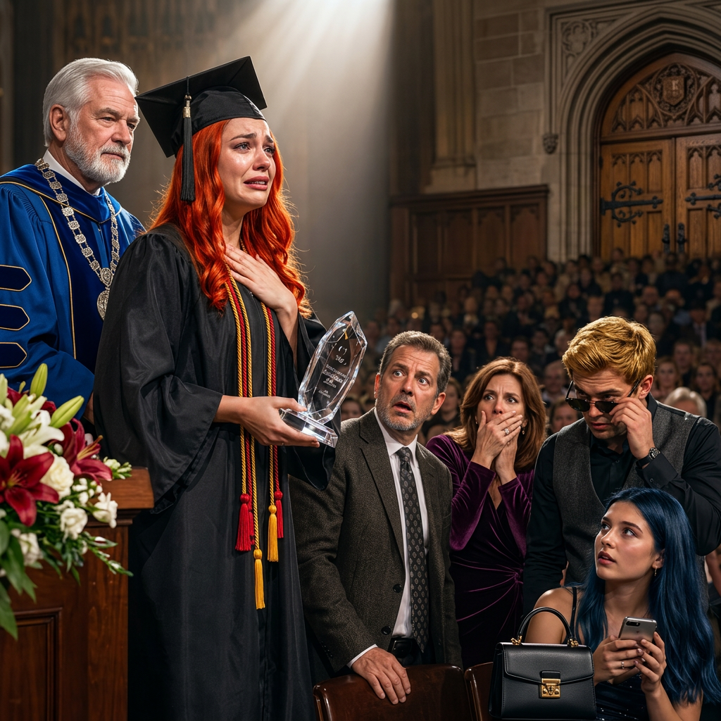 Tijdens mijn diploma-uitreiking fluisterde mijn vader: “Eindelijk zijn we klaar met het verspillen van geld aan deze mislukking.” Toen riep de decaan mijn naam, hief een kristallen trofee omhoog en onthulde het enige geheim dat ik zes maanden lang voor mijn familie verborgen had gehouden – het geheim waardoor mijn verwende broer zijn zonnebril afzette en mijn moeder vergat hoe ze moest ademen.