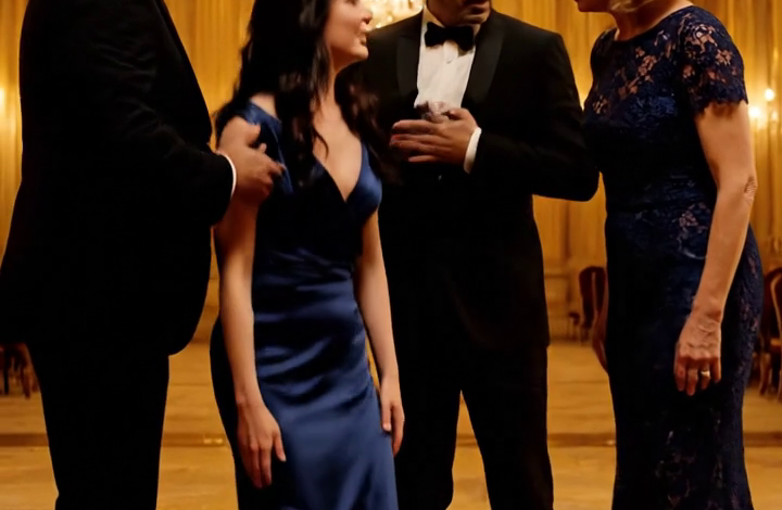 Op het afscheidsfeest van mijn vader duwde hij me op de grond en zei, voor de ogen van 130 gasten: “Die stoel is voor mijn echte dochter.” Ik wilde net mijn tas pakken om te vertrekken toen mijn man opstond, naar hem wees aan de andere kant van de balzaal en de vraag stelde waardoor mijn stiefmoeder even haar adem inhield: “Wanneer heb je voor het laatst op je telefoon gekeken?”