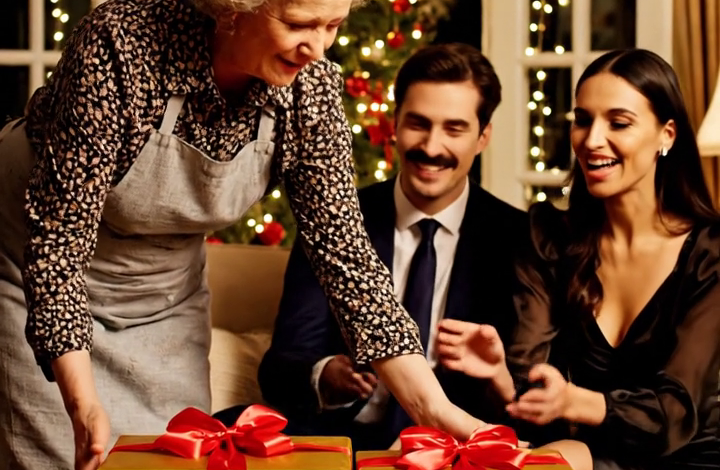 Met Kerstmis gaf mijn schoondochter me een schort van 5 dollar en zei: “Die heb je nodig om ons zondagsdiner te serveren.” Iedereen lachte. Ik slikte mijn tranen weg, stond op… en gaf ze een enorme doos die de glimlach binnen drie seconden van hun gezichten veegde.