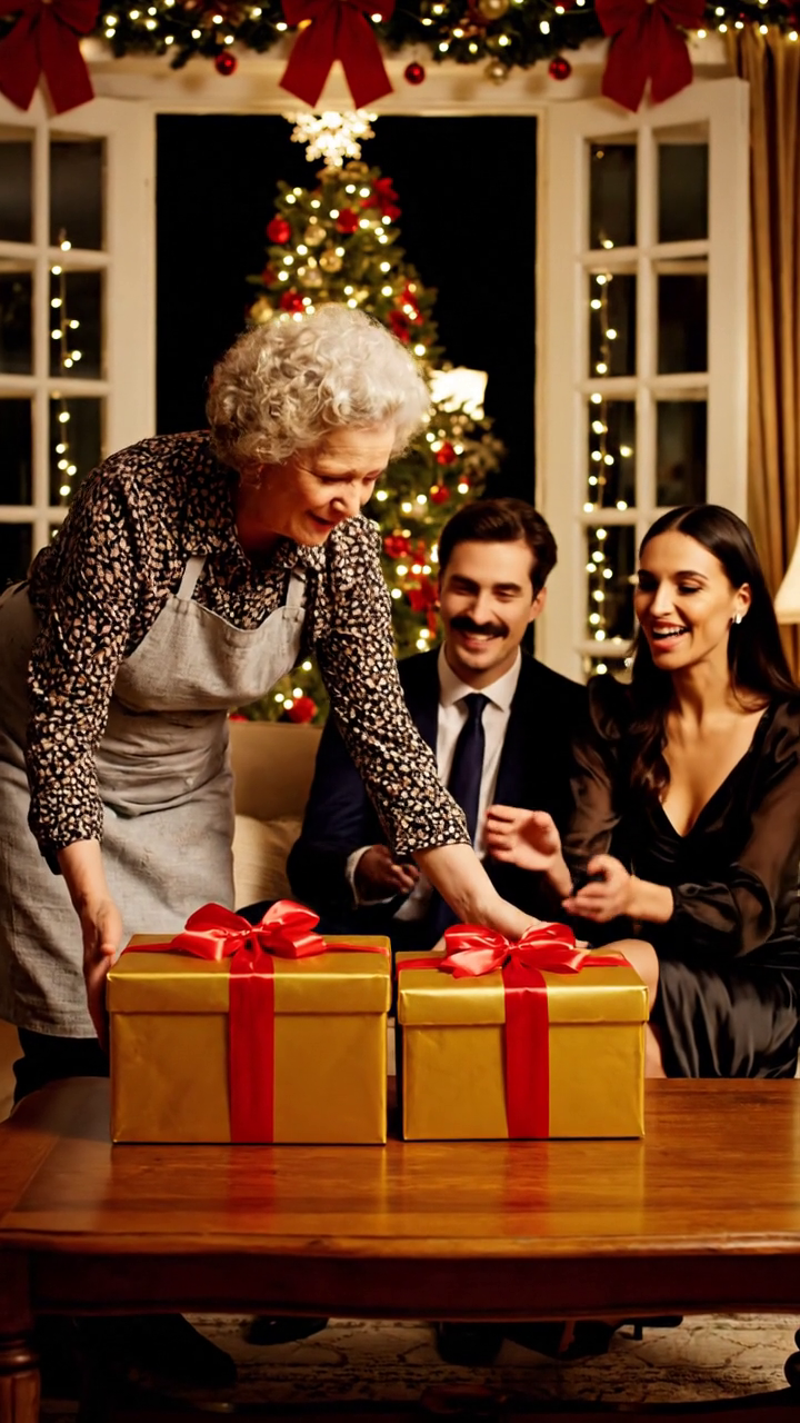 Met Kerstmis gaf mijn schoondochter me een schort van 5 dollar en zei: “Die heb je nodig om ons zondagsdiner te serveren.” Iedereen lachte. Ik slikte mijn tranen weg, stond op… en gaf ze een enorme doos die de glimlach binnen drie seconden van hun gezichten veegde.