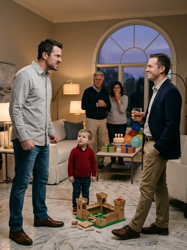 Mijn broer sloeg het handgemaakte verjaardagscadeau dat ik voor mijn zoon had gemaakt kapot, lachte terwijl mijn kleine jongen voor de ogen van de hele familie huilde, en iedereen wuifde het weg als “maar een grapje” — maar toen stond mijn vader op, deed de gouden ring af die hij nooit had afgedaan, smeet hem op tafel en zei iets zo kouds dat het niet alleen het feest verpestte… het vernietigde alles wat ik dacht nog over te hebben in die familie.