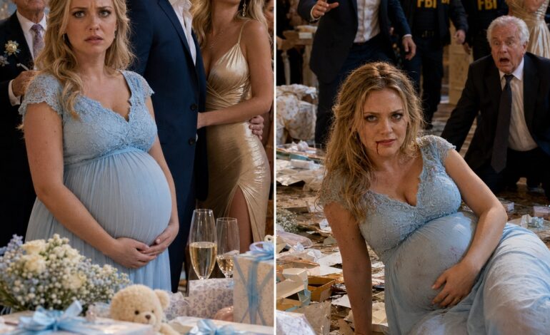 Ik was acht maanden zwanger van onze wonderbaby toen mijn man zijn 22-jarige maîtresse meenam naar onze babyshower. Toen ik eiste dat ze vertrokken, sloeg hij me vol in mijn buik, waardoor ik tegen de cadeautafel smeet. “Zij draagt ​​de echte erfgenaam, jij onvruchtbaar tuig,” sneerde hij, terwijl zijn rijke ouders applaudisseerden. Ik lag op de grond, mijn buik vastgrijpend van de pijn, maar ik wist een bloederige glimlach te produceren. Ze wisten niet dat ik het bedrijf van zijn vader al van binnenuit had vergiftigd, en de FBI-inval die ik had georganiseerd stond gepland voor precies 14:00 uur. Ik keek op mijn kapotte horloge – het was 13:59.  Om 13:59 lag ik in mijn eigen babyshowercake, met een smaak van bloed en suiker. Mijn man stond boven me met zijn maîtresse aan zijn arm, glimlachend alsof hij net een oorlog had gewonnen.
