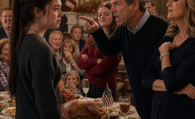‘Je hebt huisarrest tot je je excuses aanbiedt aan je stiefmoeder,’ blafte mijn vader voor de hele familie. De kamer barstte in lachen uit. Mijn gezicht gloeide, maar ik zei alleen: ‘Oké.’ De volgende ochtend sneerde hij: ‘Eindelijk je plaats leren kennen?’ Toen merkte hij dat mijn kamer leeg was – en de familierechtadvocaat stormde binnen, trillend: ‘Meneer… wat heeft u gedaan?’