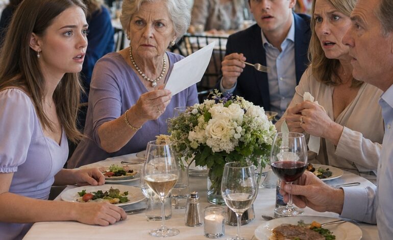 Tijdens mijn afscheidsdiner glimlachte oma en zei dat ze blij was dat de 1500 dollar die ze me elke maand stuurde me had geholpen… maar toen ik zei dat ik er nooit een dollar van had gekregen, hielden mijn ouders hun adem in.