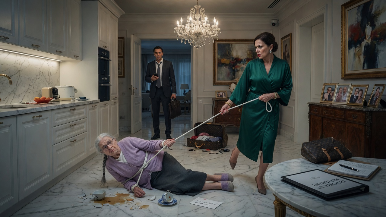 DIE FRAU HATTE ES AUF DIE STILLE ALTE MUTTER GESCHAFFT, FESSELTE SIE MIT EINEM SCHNURGELEITER UND schleifte sie hinter sich her, um eine heruntergefallene Tasse aufzuheben – OHNE ZU KENNEN, DASS IHR MILLIARDÄR-EHEMANN SIE PANIKHAFT BETTELND ZURÜCKLASSEN WÜRDE.