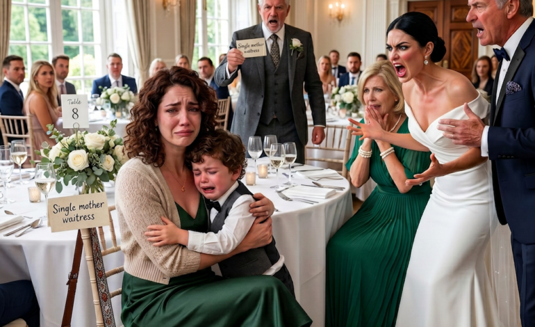 Everyone laughed when they saw the cruel label on my wedding seat: “single mother waitress.” My sister smiled, my parents stayed silent, and I thought the night could not get worse. Then my billionaire uncle rose from his chair, said one sentence, and the whole wedding changed forever.