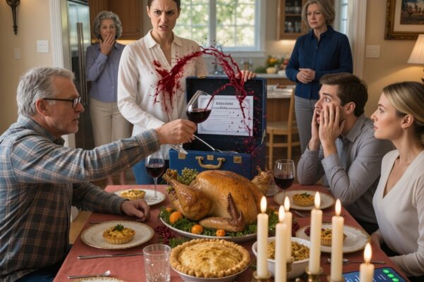 Beim Familienessen bekam ich ein „besonderes“ Geschenk. Darin befand sich die 250.000-Dollar-Schuld meines Bruders. Mein Vater sagte: „Das musst du bezahlen.“ Als ich mich weigerte, schüttete er mir Wein ins Gesicht, und meine Mutter schrie: „Raus hier!“ Dreißig Minuten später erschien ein Mann … Im ganzen Raum herrschte Stille.